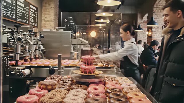 Bakery donuts being prepared with sweet treats on display, showcasing the art of piping frosting onto freshly baked goods for sale in a bustling factory setting, perfect for cooking show.