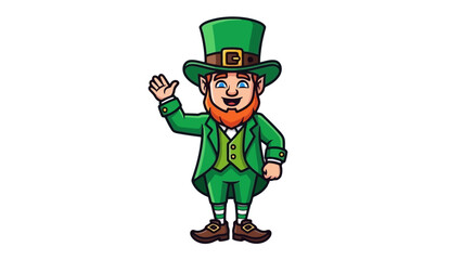 A cartoon illustration of a leprechaun, a mythical creature, waving his hand.