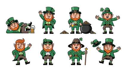 Collection of cartoon leprechauns in various poses for St. Patrick's Day.