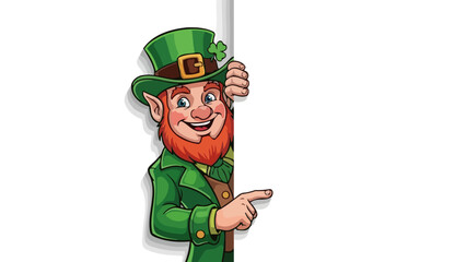 Leprechaun cartoon character peeking around a blank white sign.