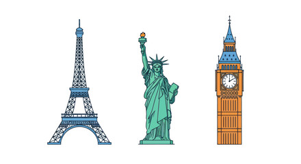 A collection of illustrated world landmarks: the Eiffel Tower Statue of Liberty and Big Ben clock tower. © Jambu