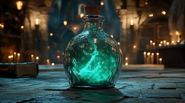 Mysterious glowing potion bottle in a dimly lit alchemists lab.