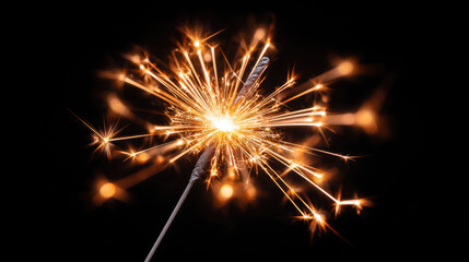 Obraz premium Bright burning sparkler firework with golden light and magical glowing spark. festive bengal light on stick for happy new year celebration party at night
