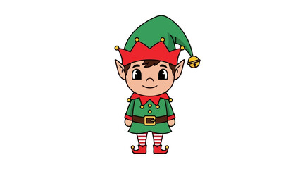 A cheerful cartoon elf with a green outfit, red accents, and a smiling expression.