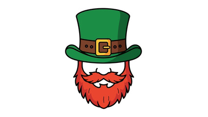 Illustration of a green leprechaun hat with a brown belt and a red beard.