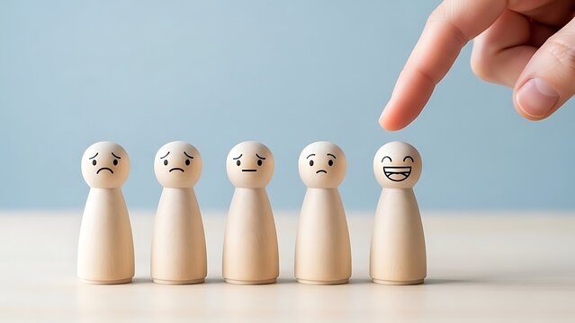 A hand selects a figurine with a happy face from a row of wooden figures with varying emotions on a light surface against a soft blue background