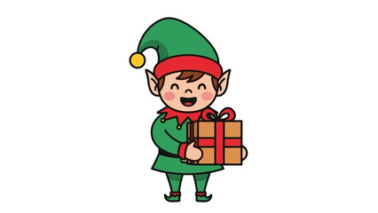 A cheerful cartoon elf wearing a green outfit and holding a wrapped gift.