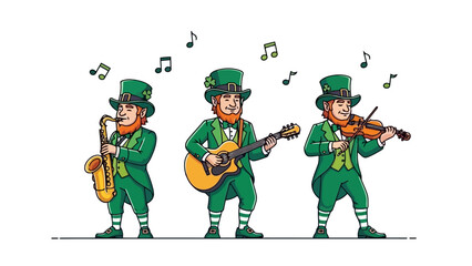 Three leprechauns in green outfits playing musical instruments, with musical notes floating above.