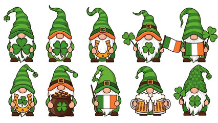 A collection of ten cute cartoon gnomes dressed in green hats and outfits, celebrating St. Patrick's Day with shamrocks, horseshoes, Irish flags, and beer.