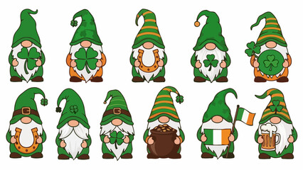 Collection of St. Patrick's Day gnomes, each with unique designs and symbols of Irish culture.