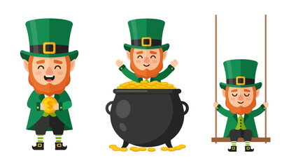 St. Patrick's Day leprechaun cartoon characters with pot of gold and swing.