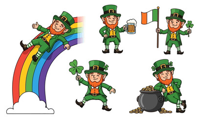 St. Patrick's Day leprechauns with rainbow, beer, flag, clover, and pot of gold.