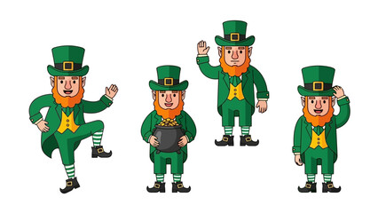 Four cartoon leprechauns in green outfits and hats, some holding pots of gold, on a white background.
