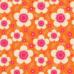 Seamless floral pattern with cute retro flowers in pink and cream tones on bright orange background playful decorative blossom repeat design for textile fabric wallpaper and wrapping print.