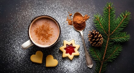 Cozy christmas hot chocolate and festive cookies with pine sprig