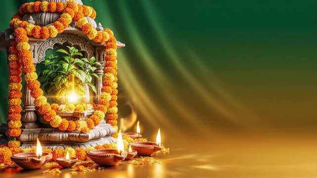 Tulsi Vivah Ceremony with Decorated Tulsi Vrindavan Marigold Garlands Divine Glow and Diyas