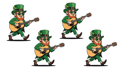 A group of cheerful animated leprechauns, adorned in traditional green attire and shamrock hats, each enthusiastically playing a guitar while striding along, perfect for cultural and festive designs