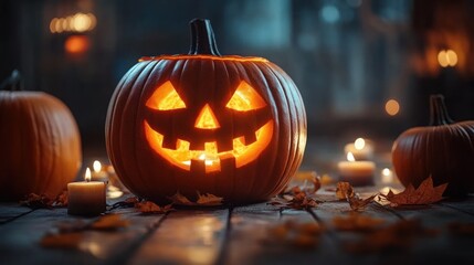 Glowing carved pumpkin with a jack-o'-lantern face surrounded by small lit candles and autumn leaves on a wooden surface creating a spooky Halloween atmosphere