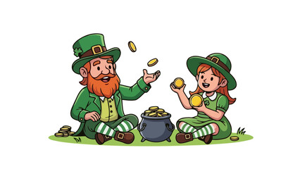 A leprechaun and a young girl in green outfits are sitting on grass, surrounded by gold coins, with a pot of gold between them.