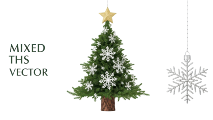 Christmas Tree with Gold Star and Silver Snowflake Ornaments Vector Collection isolated PNG with Transparent Background