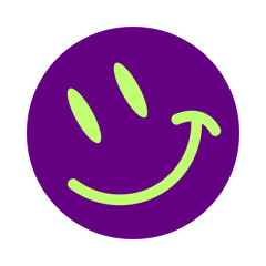 Purple smiley face with lime green eyes and mouth isolated on transparent background