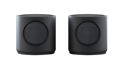 Two small gray cylindrical speakers with circular grills on  in a studio setting on transparent background