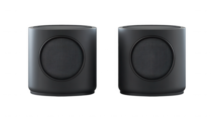 Two small gray cylindrical speakers with circular grills on  in a studio setting on transparent background