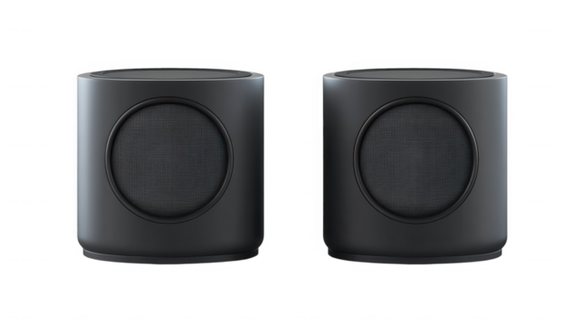 Two small gray cylindrical speakers with circular grills on  in a studio setting on transparent background - Powered by Adobe