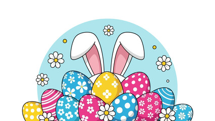 Vibrant Easter eggs with bunny ears and daisies, symbolizing spring and celebration