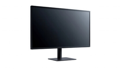 A computer monitor with a dark screen is standing on a stand against  in the studio on transparent background