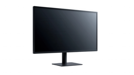 A computer monitor with a dark screen is standing on a stand against  in the studio on transparent background