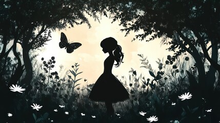 Silhouette of a girl with a ponytail in a forest clearing surrounded by flowers and plants, observing a large butterfly with a soft glowing background