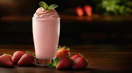 Fresh strawberry smoothie topped with whipped cream and mint leaves surrounded by ripe strawberries on a wooden surface with a dark background