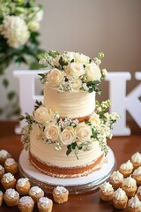 Elegant two-tier cake with creamy white frosting decorated with fresh white roses and small white flowers surrounded by mini cupcakes with white frosting on a wooden table