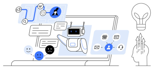 Artificial intelligence chatbot. AI chatbot interacting with users through messages, emoticons, and communication tools. AI chatbot improving customer support, education, automation, and user