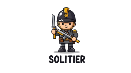 Cute Cartoon Soldier Character with Sword and Helmet Vector Graphic 'SOLITIER' isolated PNG with Transparent Background