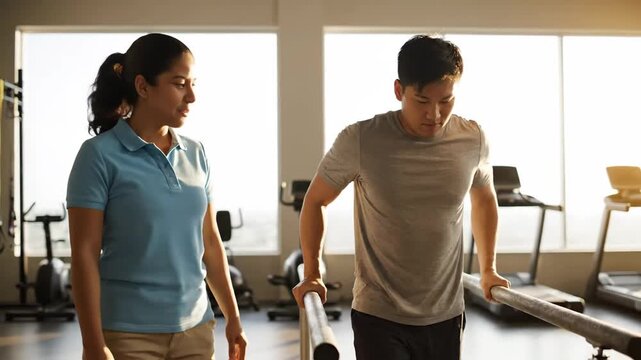 Physical therapist assists Asian man walking with parallel bars for rehabilitation.