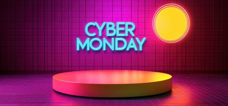 Neon glowing cyan text reading Cyber Monday above a yellow circular platform on a pink and purple grid background with a glowing yellow circle to the right - Powered by Adobe