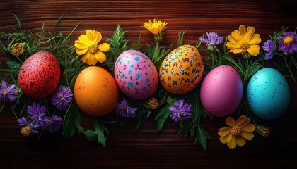 Row of colorful decorated Easter eggs arranged on green leaves and surrounded by yellow and purple flowers on a dark wooden surface conveying festive and cheerful mood