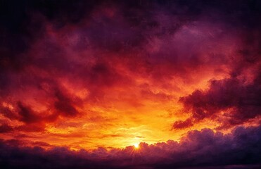 Fototapeta premium Vibrant orange and purple sunset sky with glowing sun partially hidden behind dramatic clouds, evoking a sense of awe and tranquility