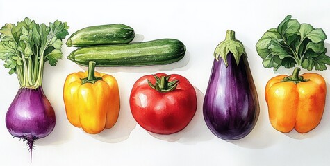 Vibrant assortment of fresh vegetables including kohlrabi, yellow bell peppers, cucumbers, tomato, and eggplant arranged in a neat row on a white background