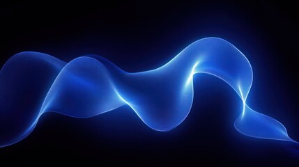 Glowing blue flowing wave with smooth curves on black background emitting soft light and futuristic glow