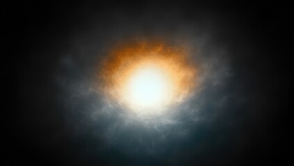 Bright glowing light surrounded by a gradient of orange and blue misty clouds on a dark background creating a mysterious and ethereal atmosphere