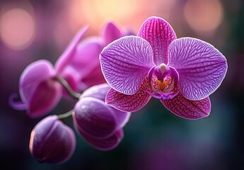 Close-up of vibrant purple orchid flowers with delicate veined petals and a soft glowing background conveying a serene and natural beauty
