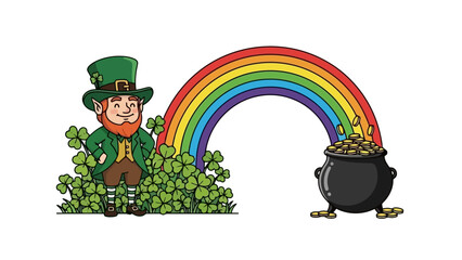 Lucky Leprechaun with Pot of Gold and Rainbow, St patrick's