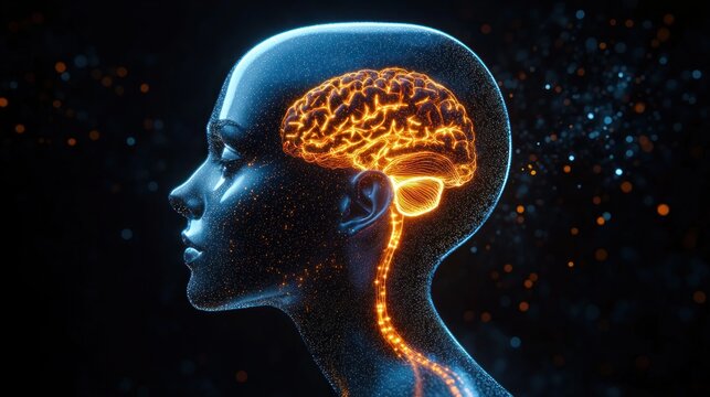 Digital artistic representation of a human head in profile with a glowing orange brain and spinal cord illustrating neural connections