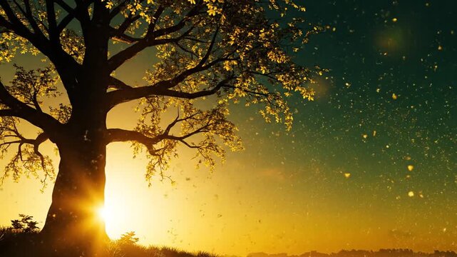 Tu B'Shevat banner video, sturdy tree silhouette with soft moving branches, golden sunrise behind, floating pollen particles,