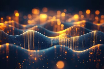 Abstract digital waves composed of blue mesh with glowing orange vertical light streams and scattered light particles creating a futuristic and dynamic atmosphere