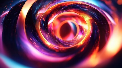 Close-up view of a glowing spiral tunnel with swirling vibrant colors of orange, purple, and blue creating a dynamic and futuristic visual effect