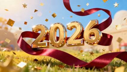 Golden 2026 celebration with confetti and ribbons. Festive event with shiny numbers and decorative elements.